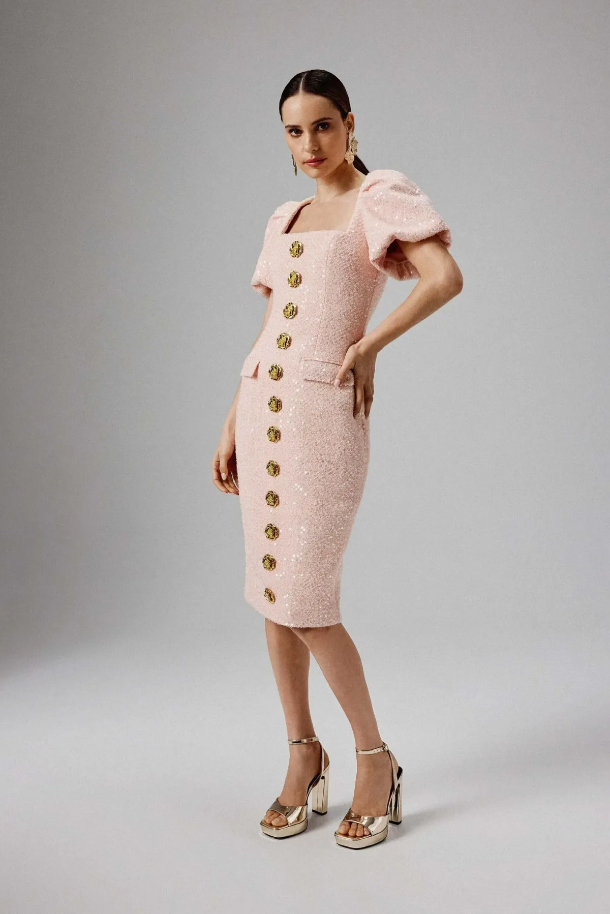 Puff Sleeve Boucle Midi Dress