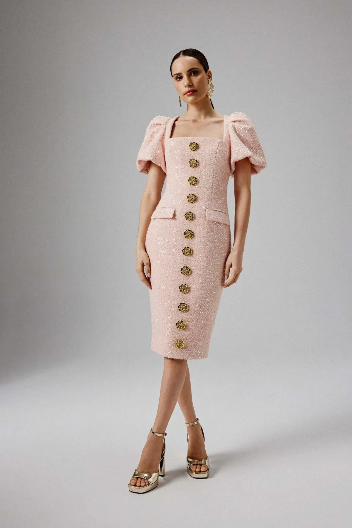 Puff Sleeve Boucle Midi Dress