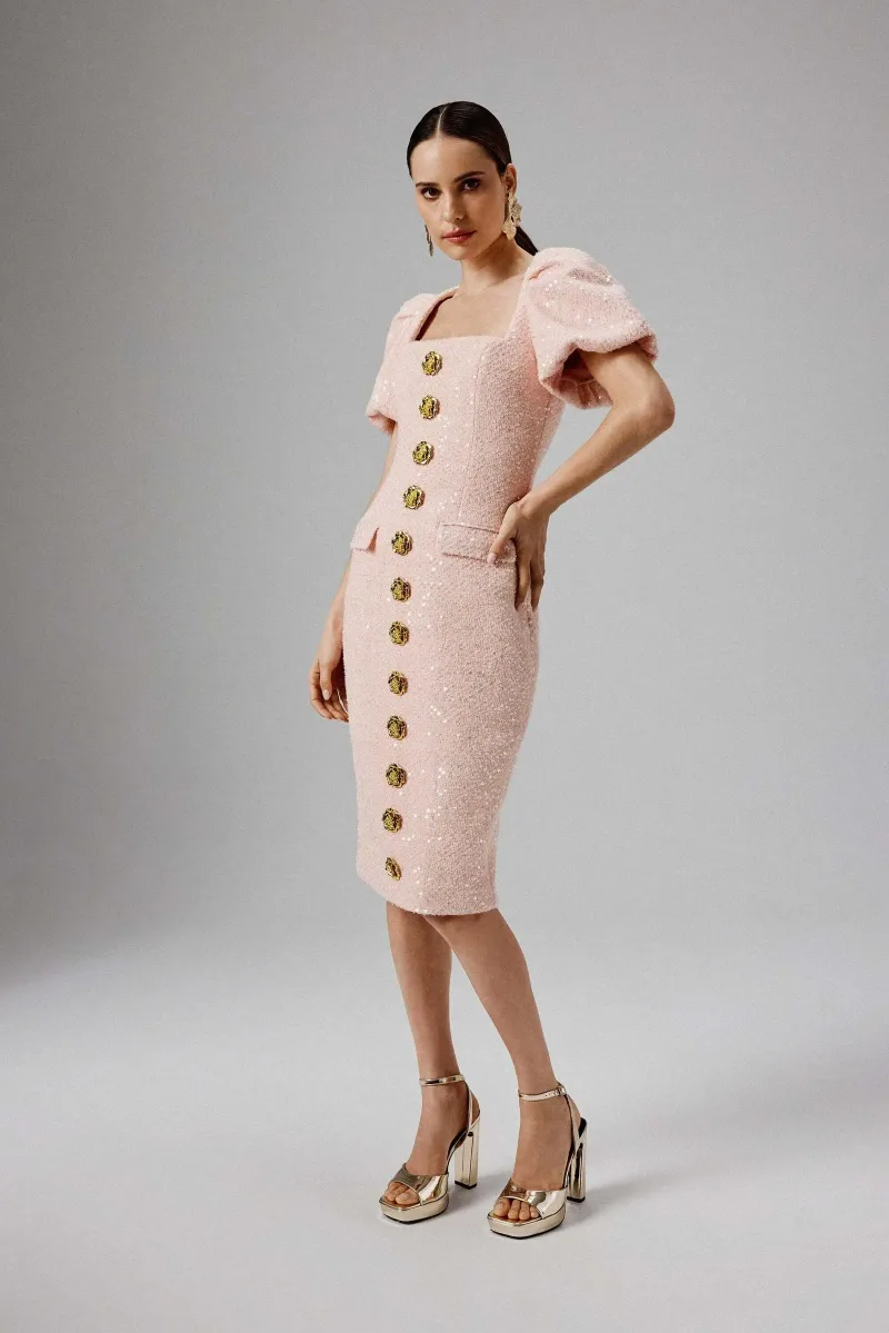 Puff Sleeve Boucle Midi Dress